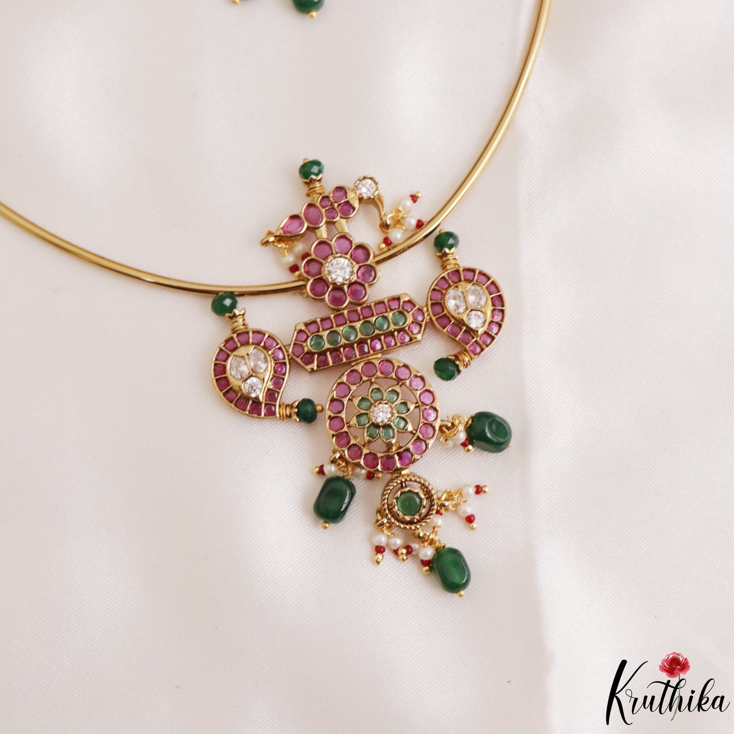 Elegant Floral Mango Motifs Kemp Hasli Choker With Pearl Bead Drops NC3259 (Available In 3 Colors)