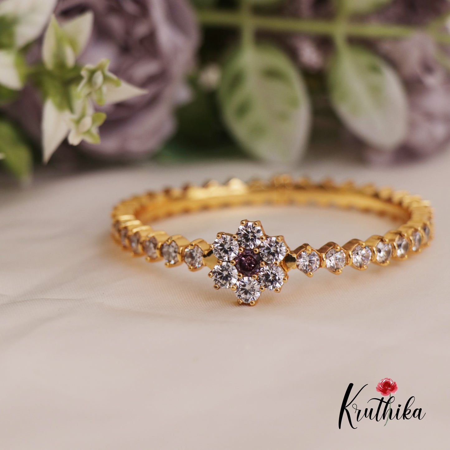 Sparkling AD Floral Single Kada With Interchangeable Floral Studs B420 (4 Studs)