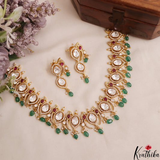 Premium Peacock Motifs Polki Victorian Choker With Green Bead Drops NC3018