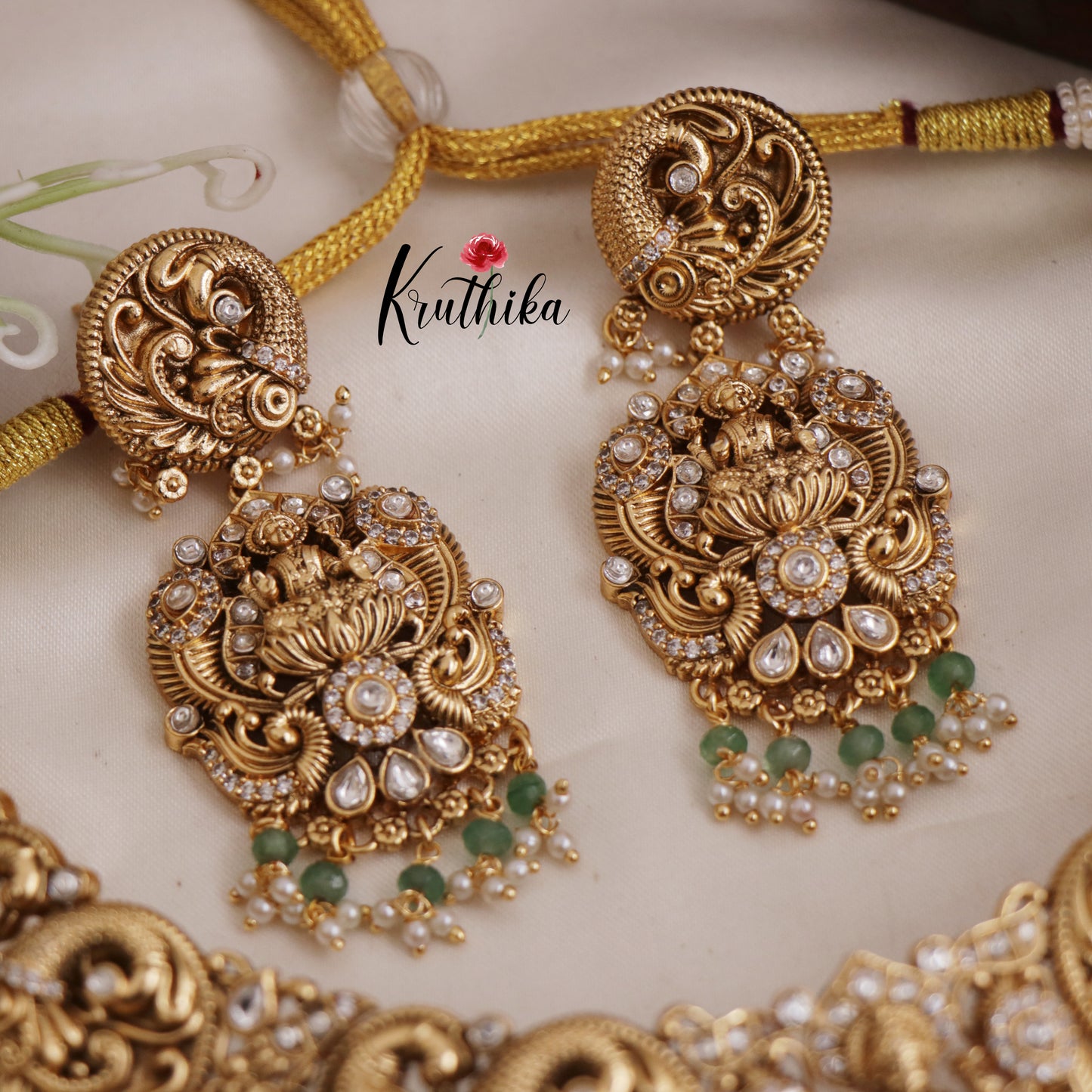 Premium Bridal Lakshmi Bead And Pearl Drops Nakshi Choker Set With Maang Tikka NC2587 (Available In 2 Colors)