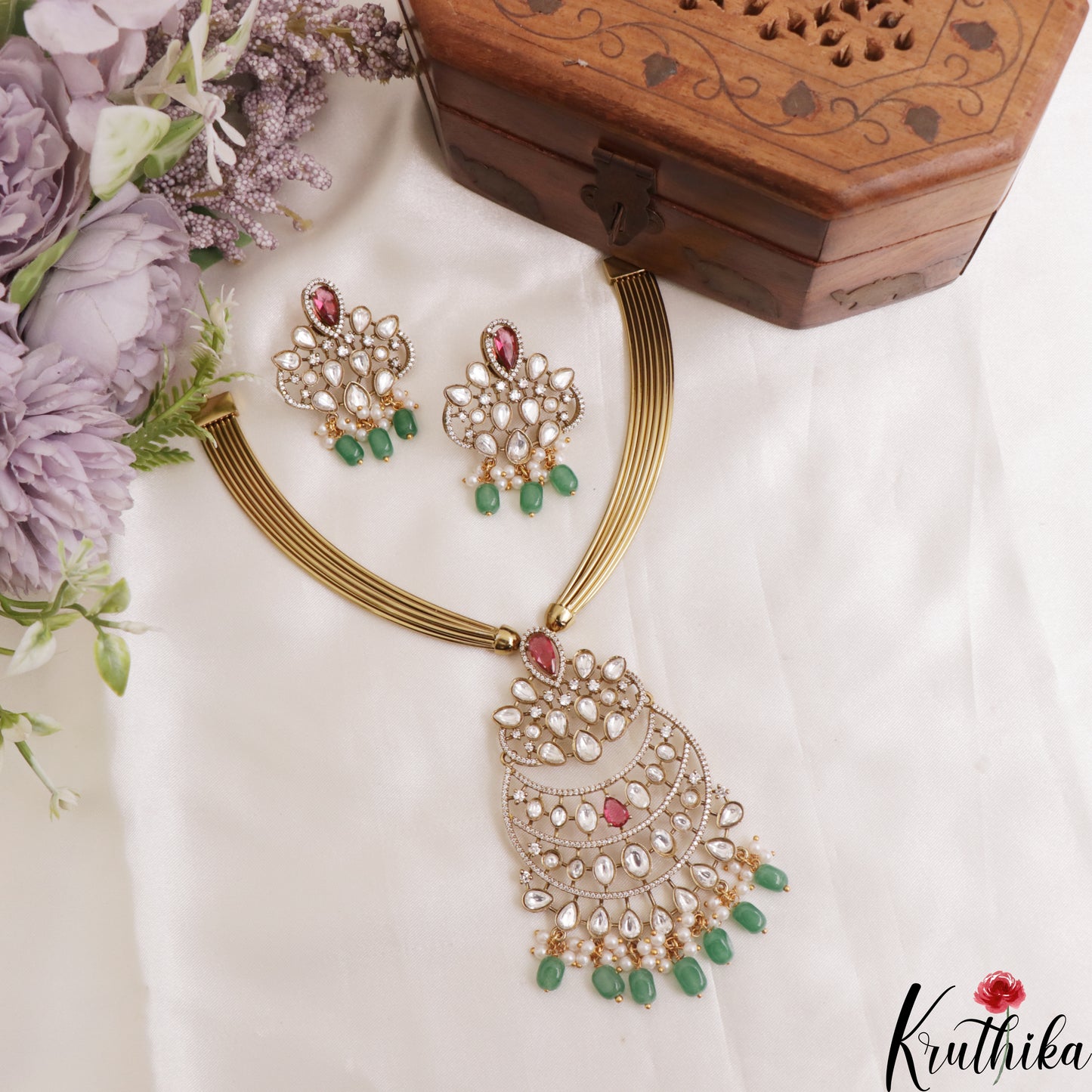 Sparkling Teardrop Motifs Hasli CZ Necklace With Green Bead Drops NC3077