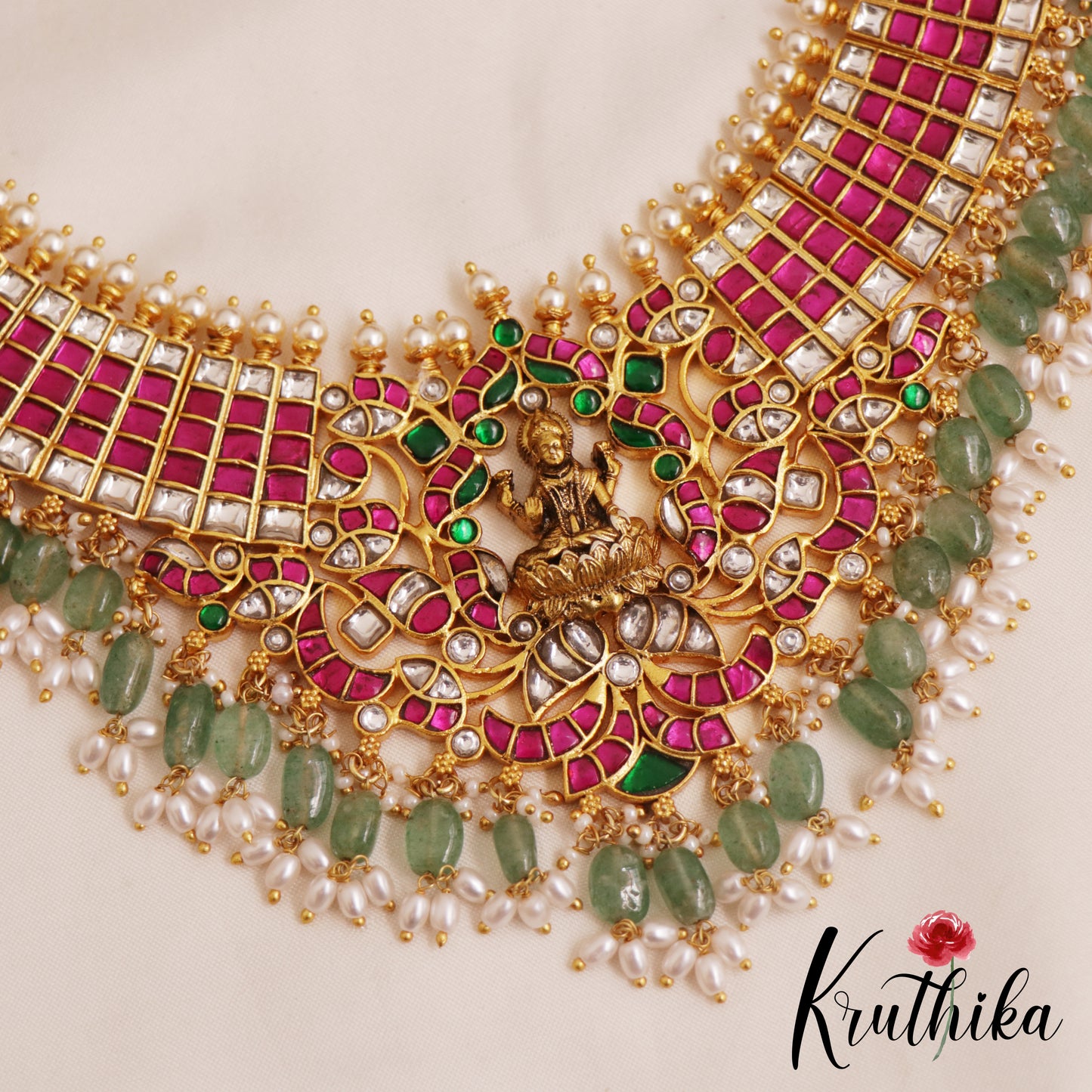 Gorgeous Lakshmi Motifs Jadau Necklace With Green Bead Drops NC2852