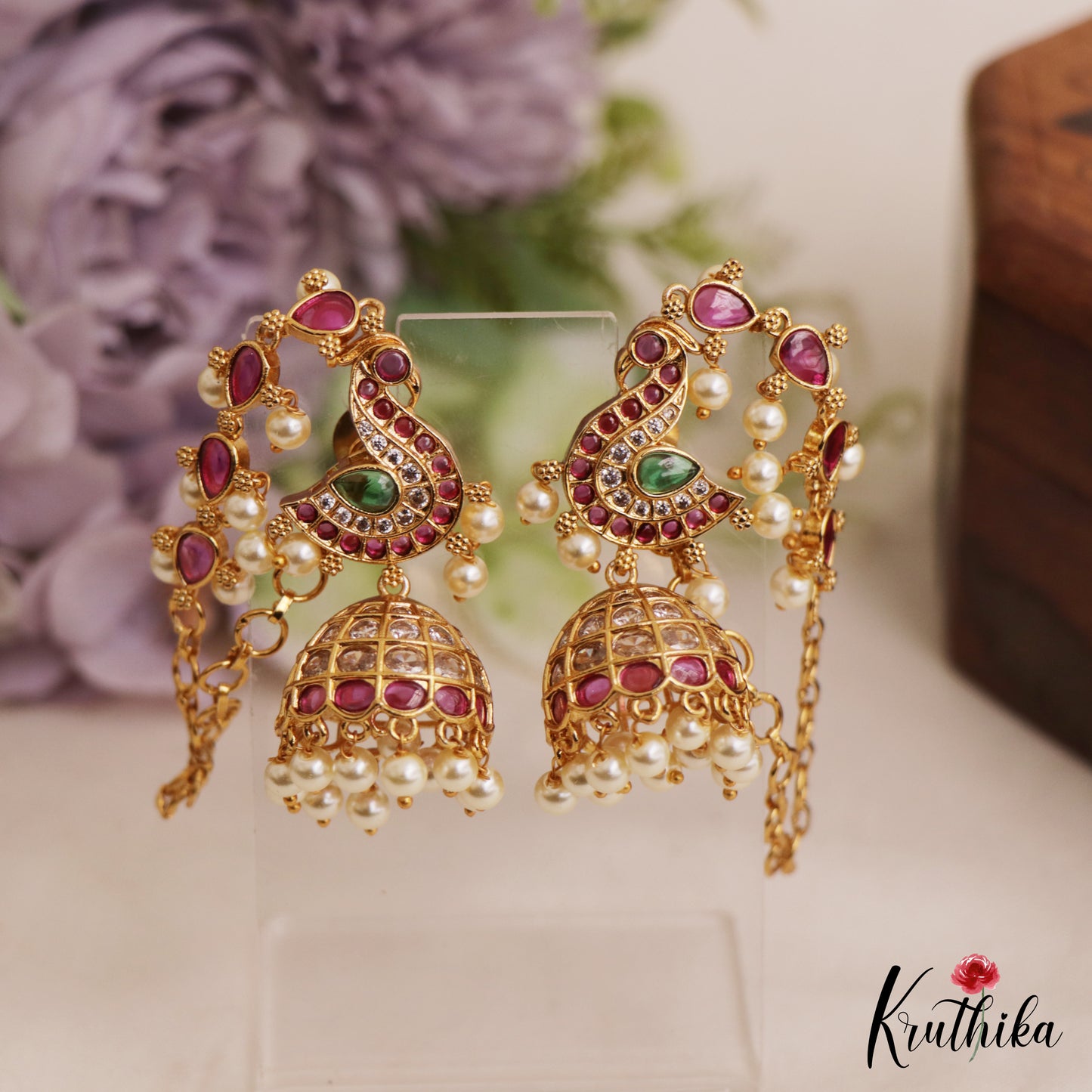 Gorgeous Peacock Motifs Jhumkas With Kemp Teardrop Maatilu (Earchains) E1058