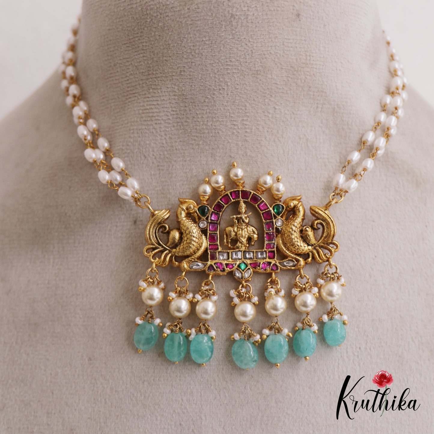 Elegant Lord Krishna Motifs Jadau Choker With Triple Strand Pearl Chains NC2682