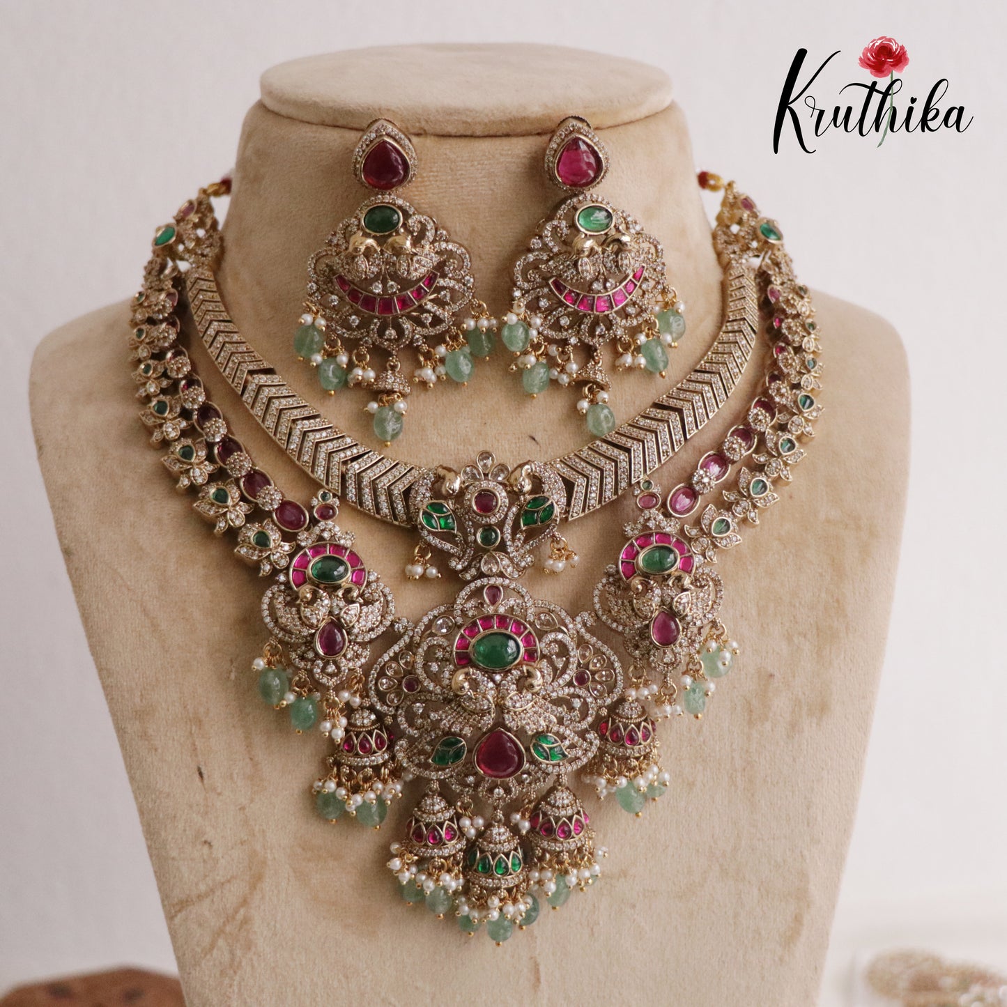 Royal Bridal Peacock Antique Jadau Necklace and Jhumka Drops NC2187 (Available in 2 Colours)