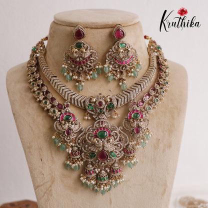 Royal Bridal Peacock Antique Jadau Necklace and Jhumka Drops NC2187 (Available in 2 Colours)