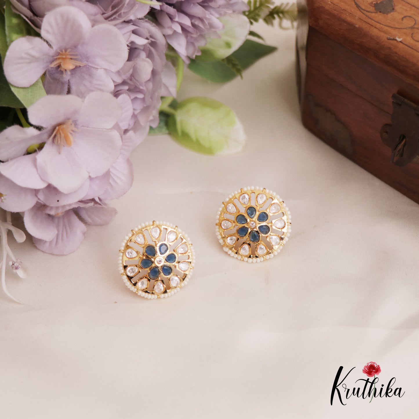 Trendy Pearl Border Floral Motifs AD Stud Earrings E991 (Available In 6 Colors)