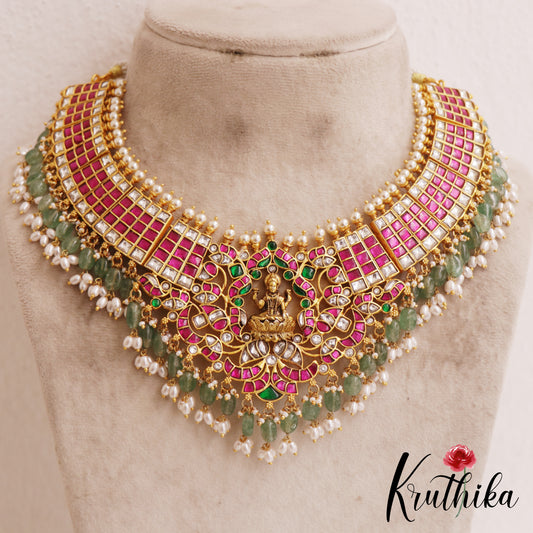 Gorgeous Lakshmi Motifs Jadau Necklace With Green Bead Drops NC2852