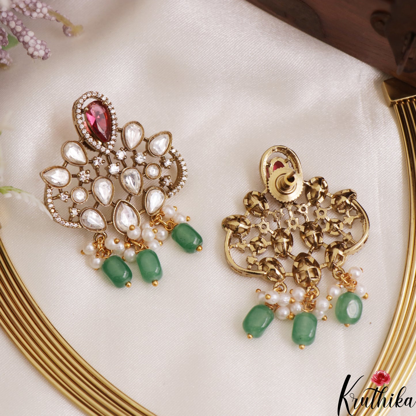 Sparkling Teardrop Motifs Hasli CZ Necklace With Green Bead Drops NC3077