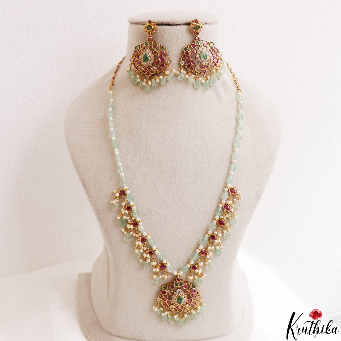 Trendy Peacock Motifs Pearl Bead Kemp Haaram With Green Bead Drops LH2185