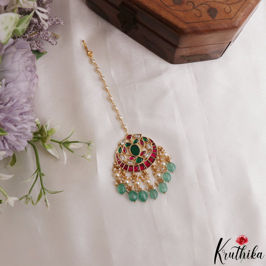 Elegant Teardrop Motifs Maang Tikka With Green Bead Drops MT391 (Available In 2 Colors)