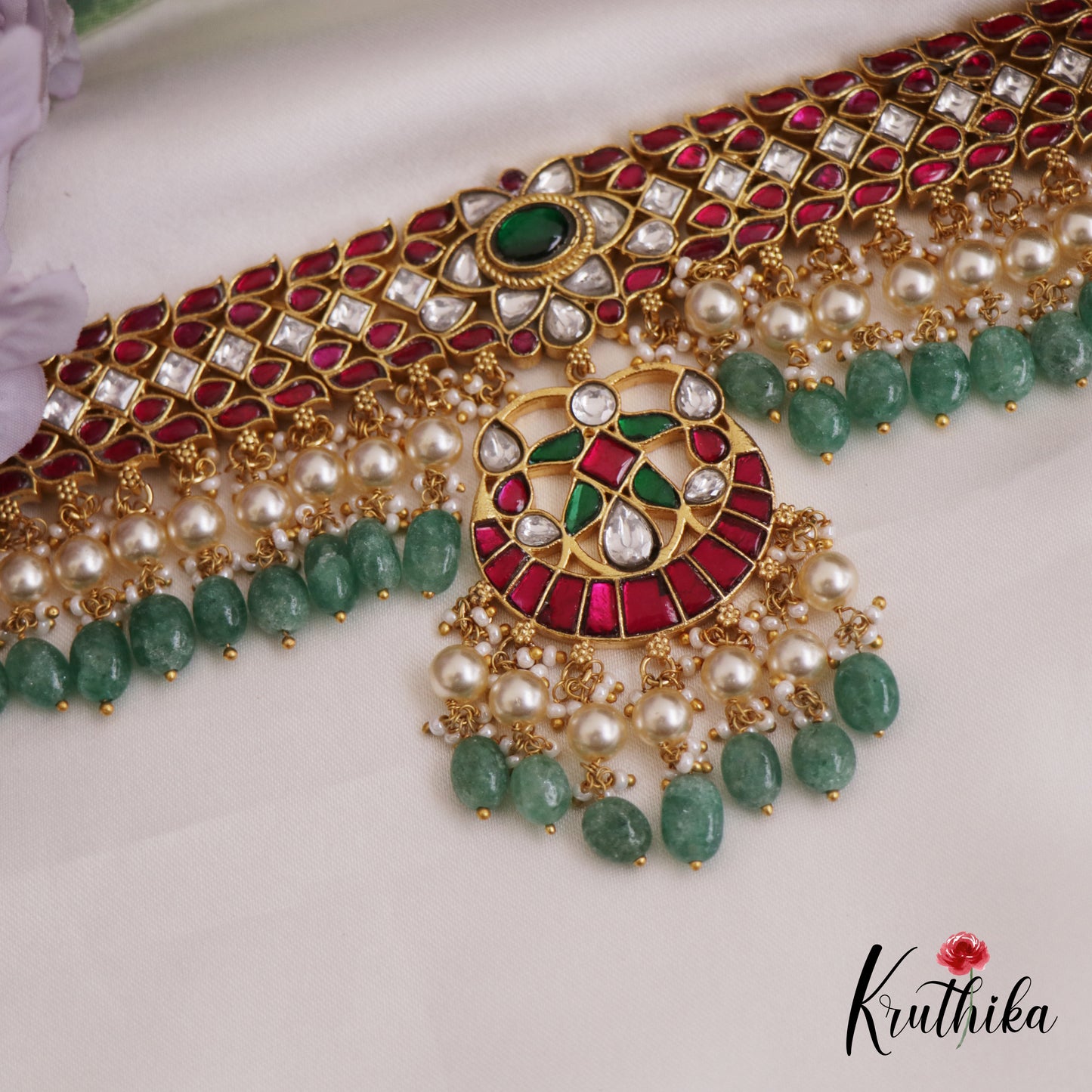 Stunning Floral Motifs Jadau Choker With Pearl And Bead Drops NC2692