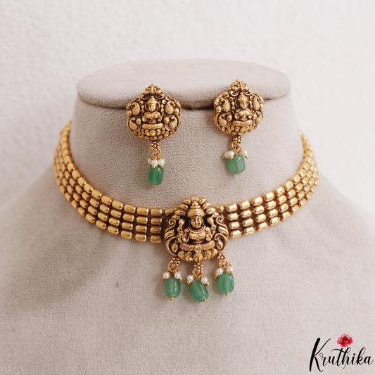 Premium Antique Nagas Lakshmi Motifs Choker With Green Bead Drops NC3111