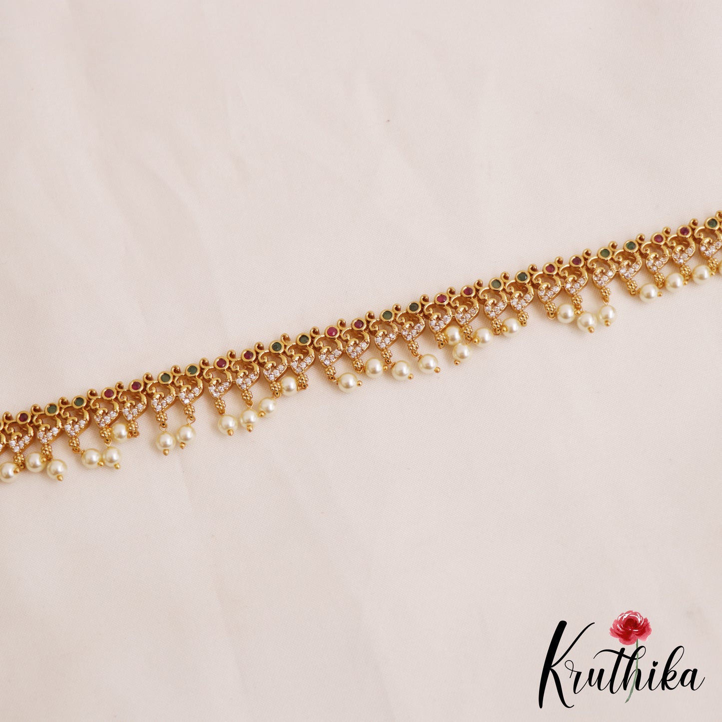 Elegant Peacock Motifs Hip Chain With Pearl Drops V348