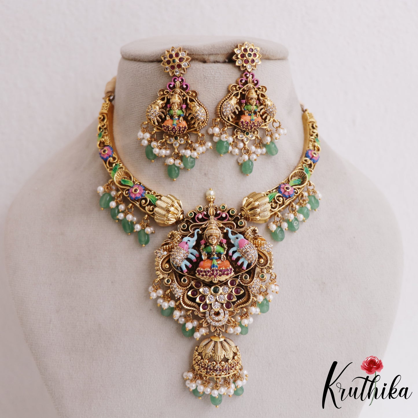 Gorgeous Hand Painted Lakshmi Motifs Necklace With Green Bead Drops NC2713