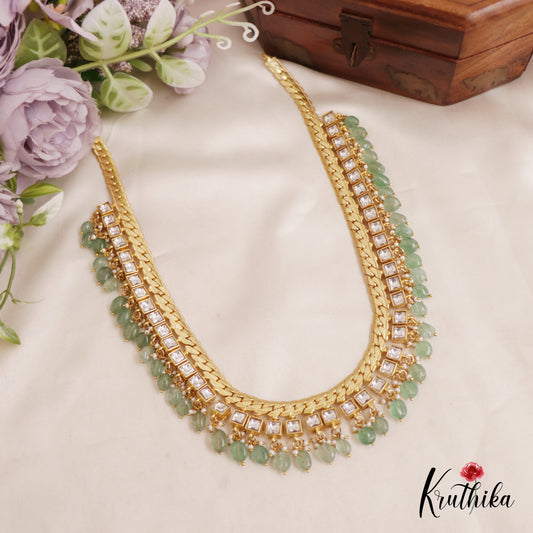 Elegant AD Stone Square Shape Necklace With Pearl And Bead Drops NC2570