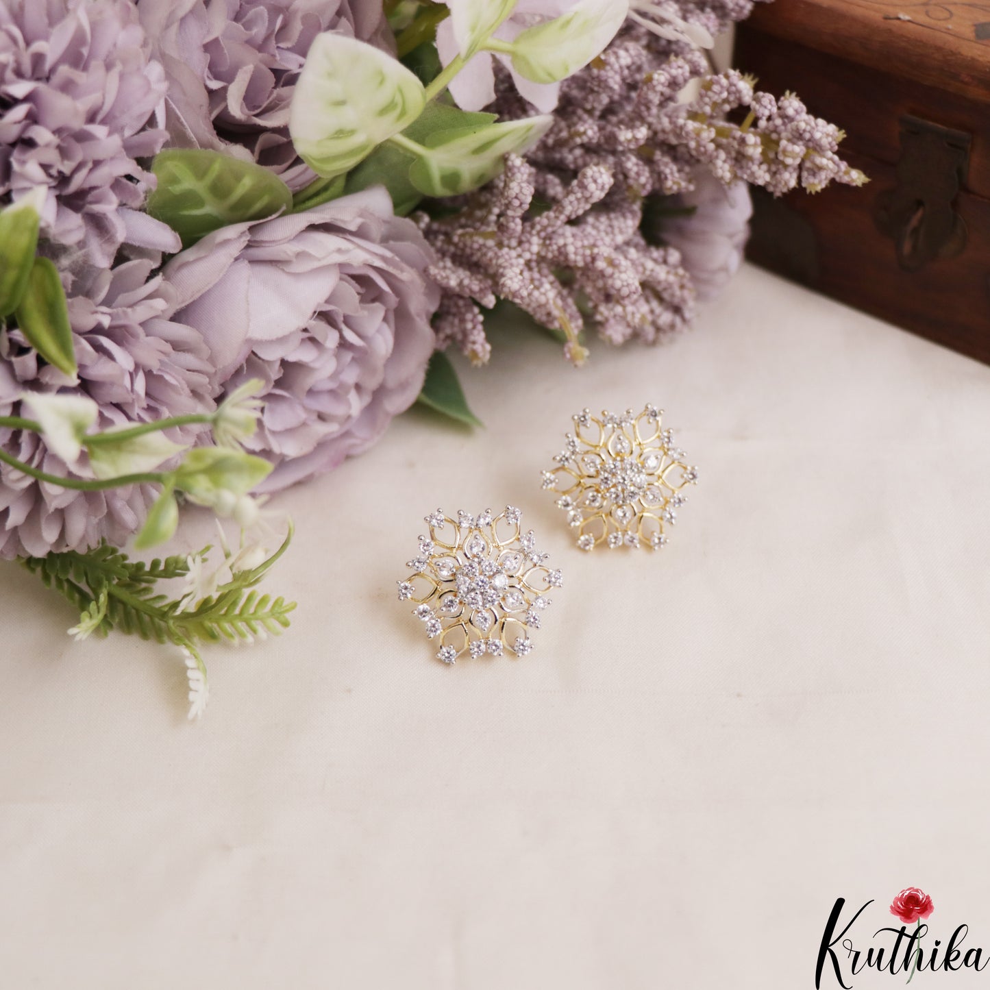 Beautiful Floral Gold-Tone Diamond-Finish Stud Earrings E1070