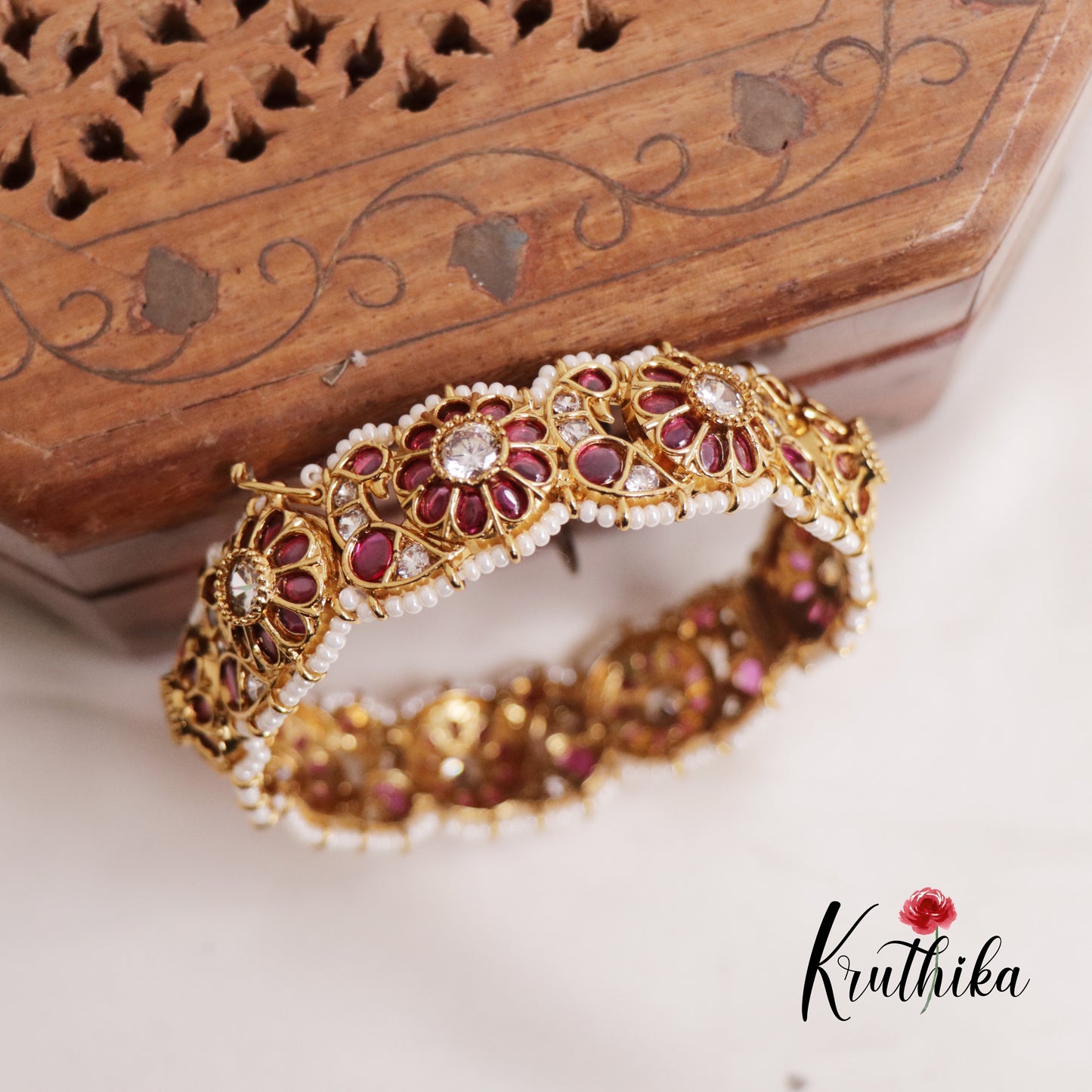 Royal Ruby Floral Kemp Openable Single Kada B320 (Available in 3 Colours)