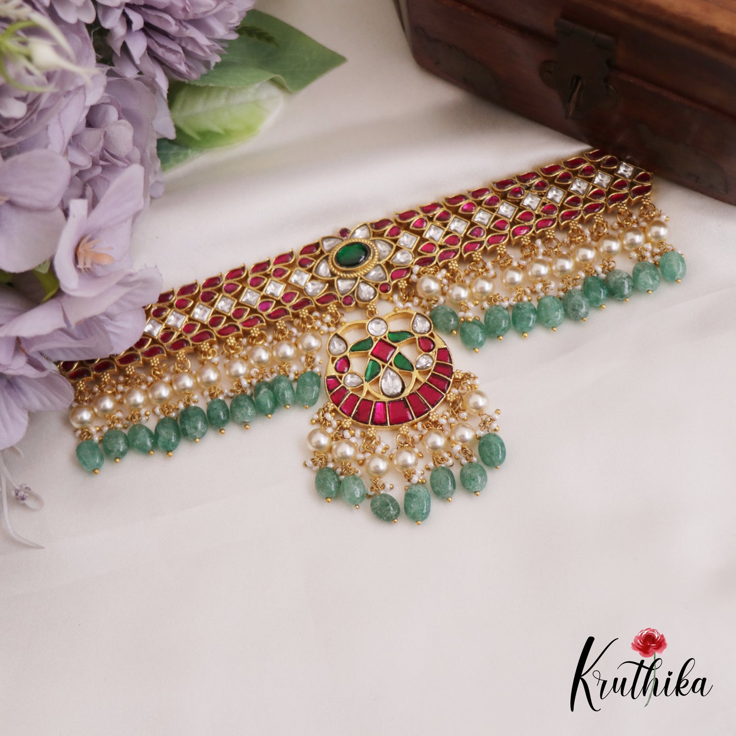 Stunning Floral Motifs Jadau Choker With Pearl And Bead Drops NC2692