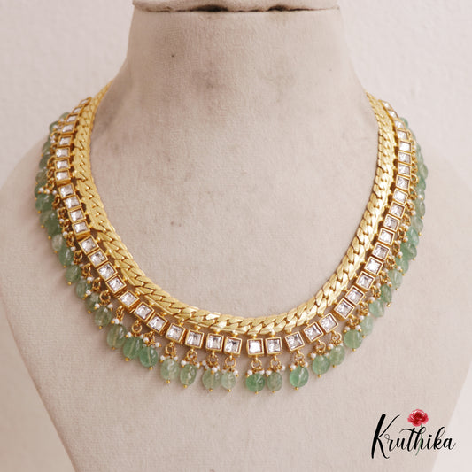 Elegant AD Stone Square Shape Necklace With Pearl And Bead Drops NC2570