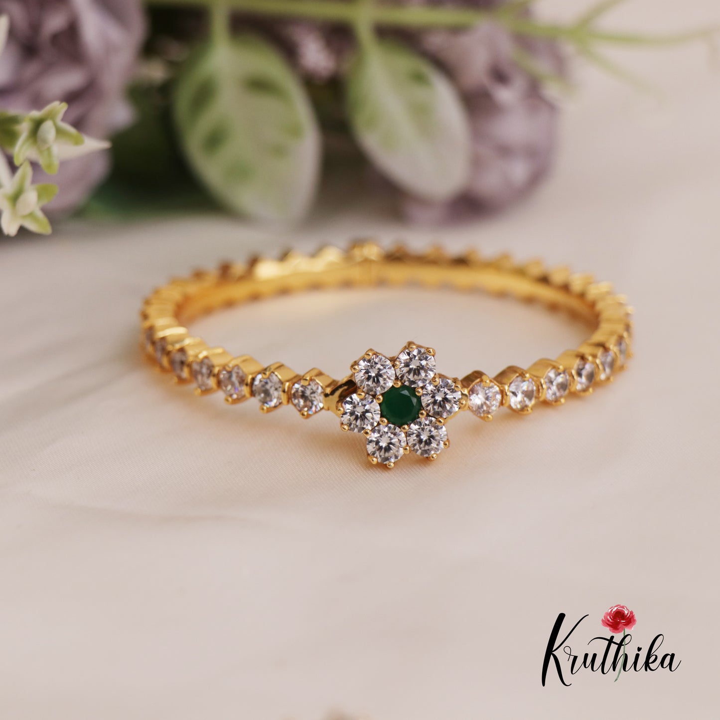 Sparkling AD Floral Single Kada With Interchangeable Floral Studs B420 (4 Studs)