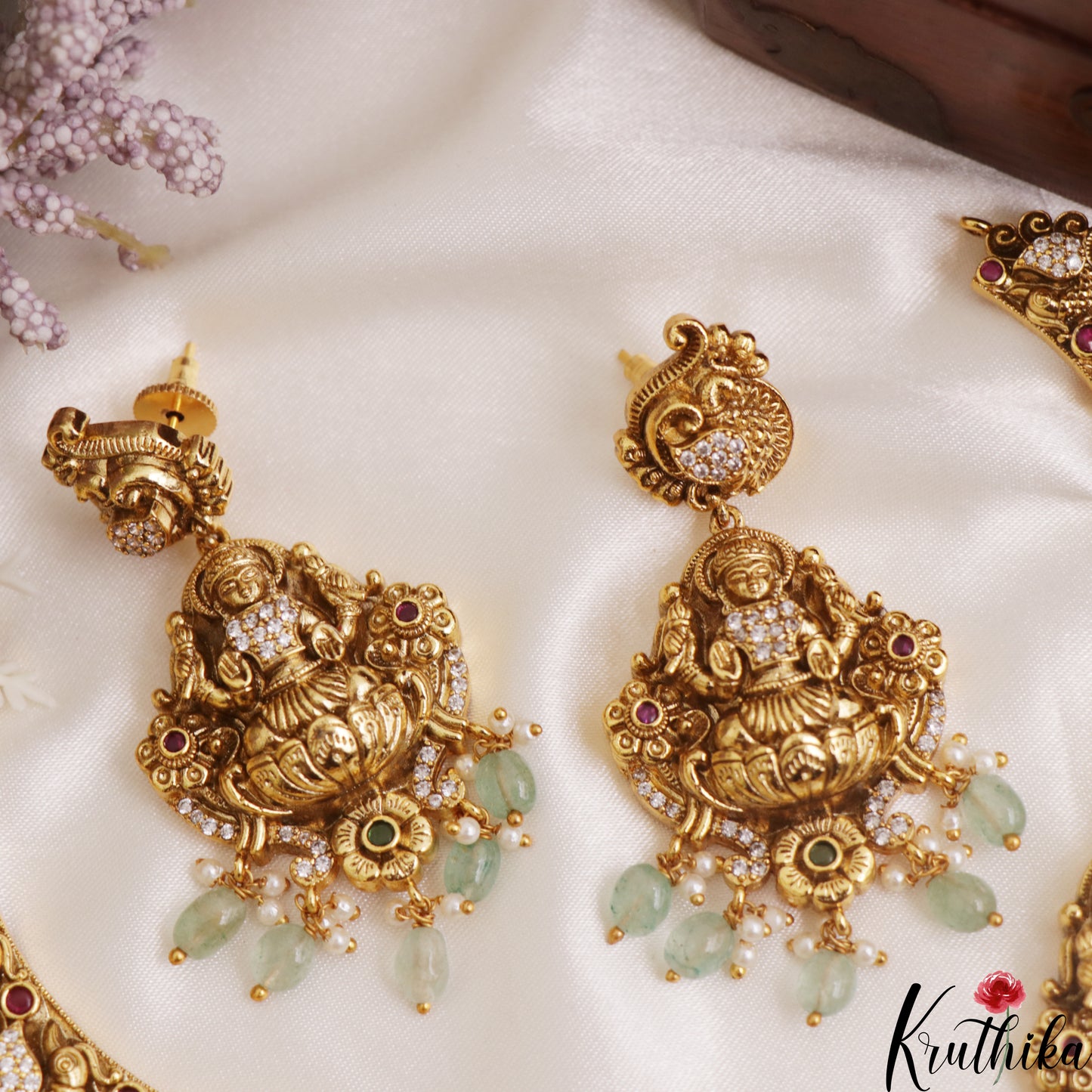 Premium Antique Nagas Lakshmi Peacock Motifs Necklace With Mint Green Bead Drops NC3078