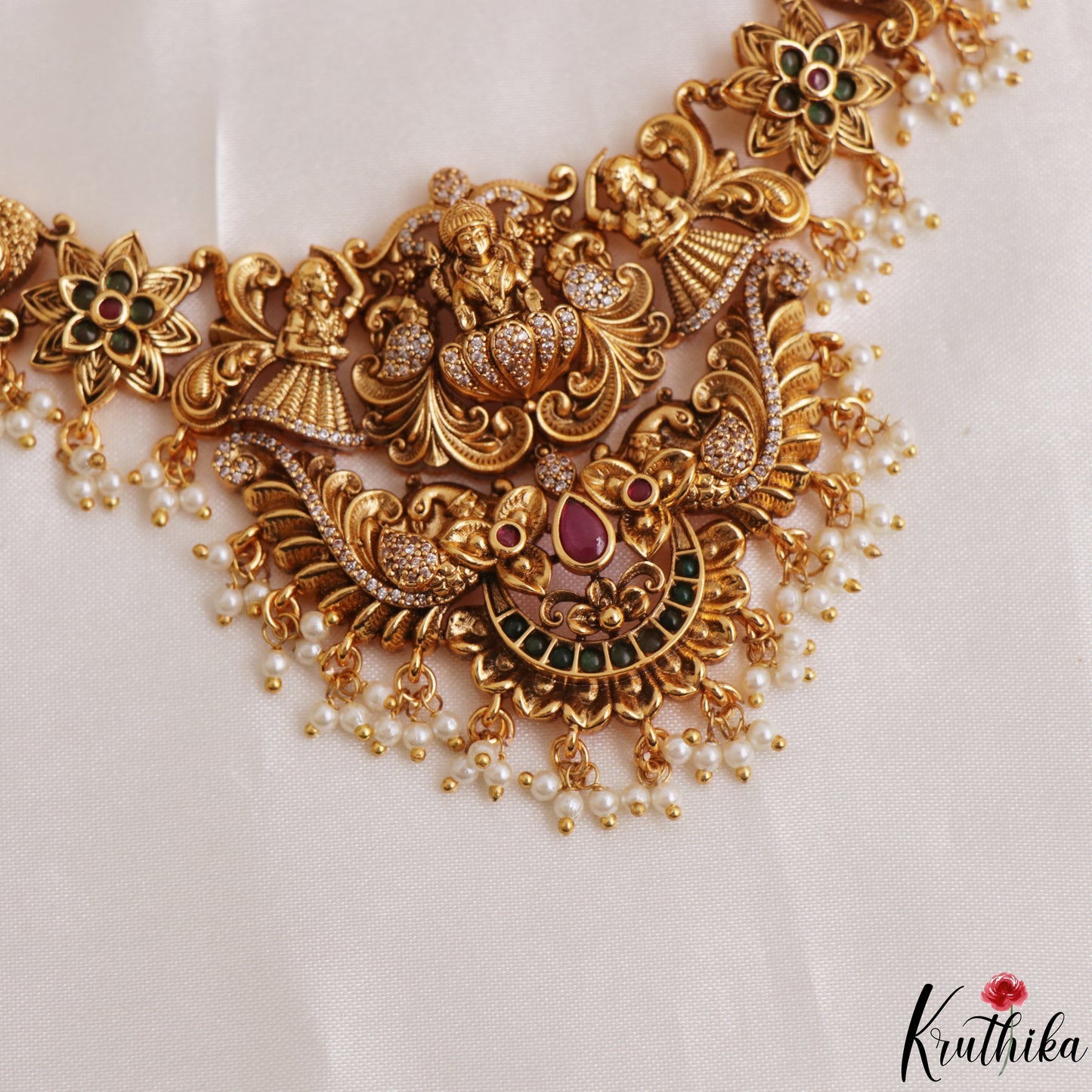Classic Antique Lakshmi Peacock Motifs Temple Necklace With Pearl Drops NC3108