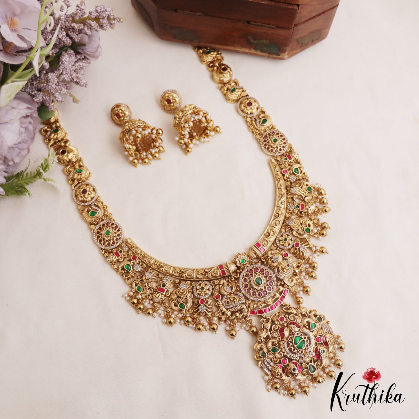 Premium Antique Floral Peacock Motifs Jadau Haaram With Pearl Bead Drops LH2108