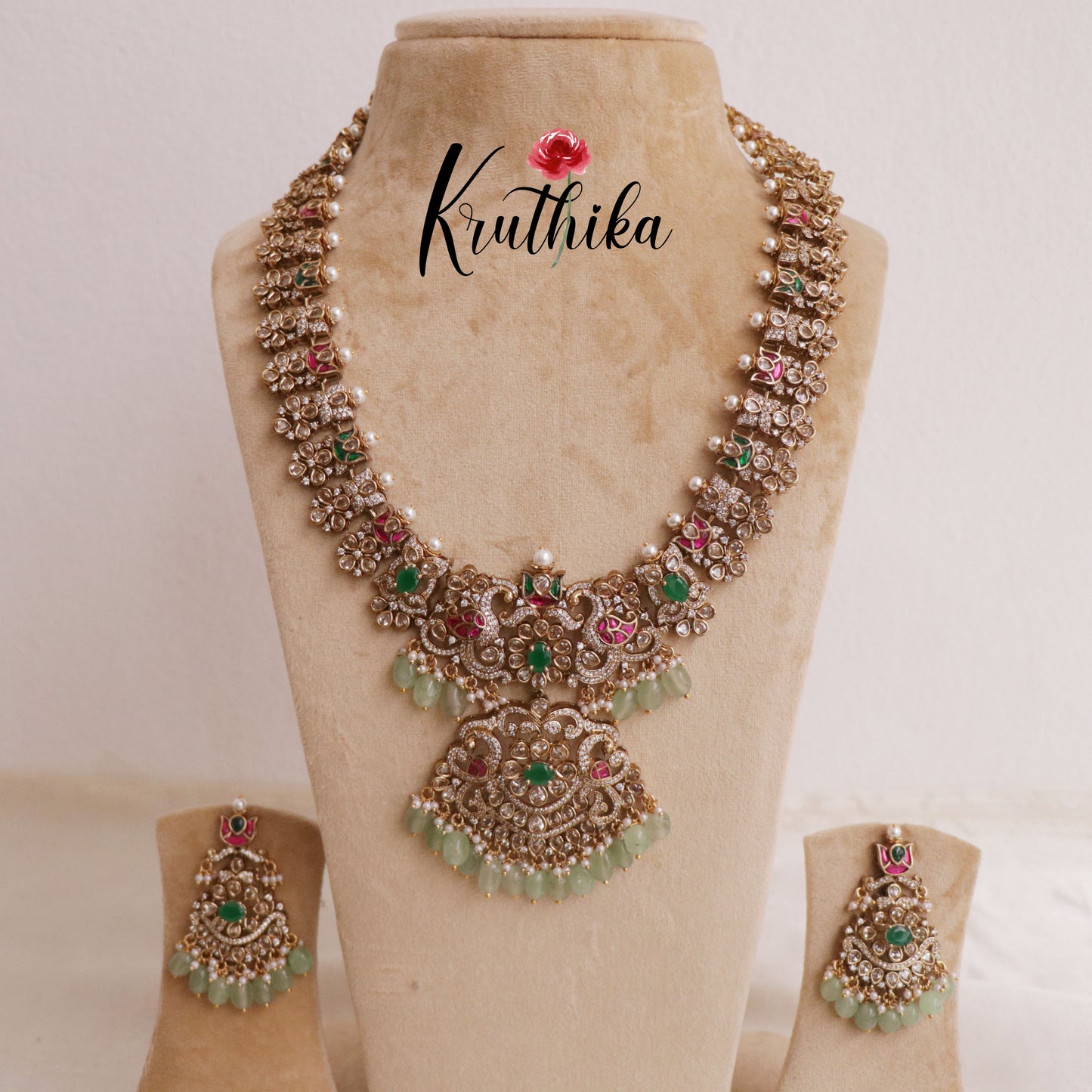 Elegant Victorian jadau Haaram with pastel green beads LH1861