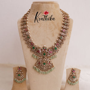 Elegant Victorian jadau Haaram with pastel green beads LH1861