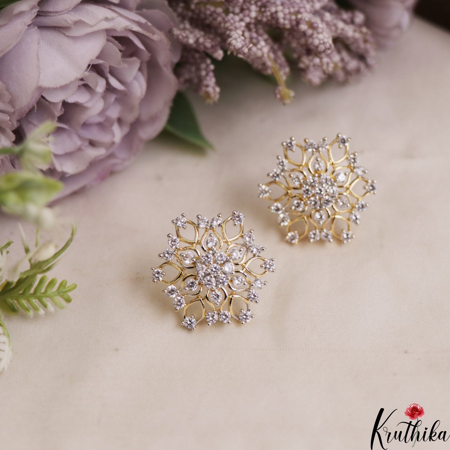 Beautiful Floral Gold-Tone Diamond-Finish Stud Earrings E1070