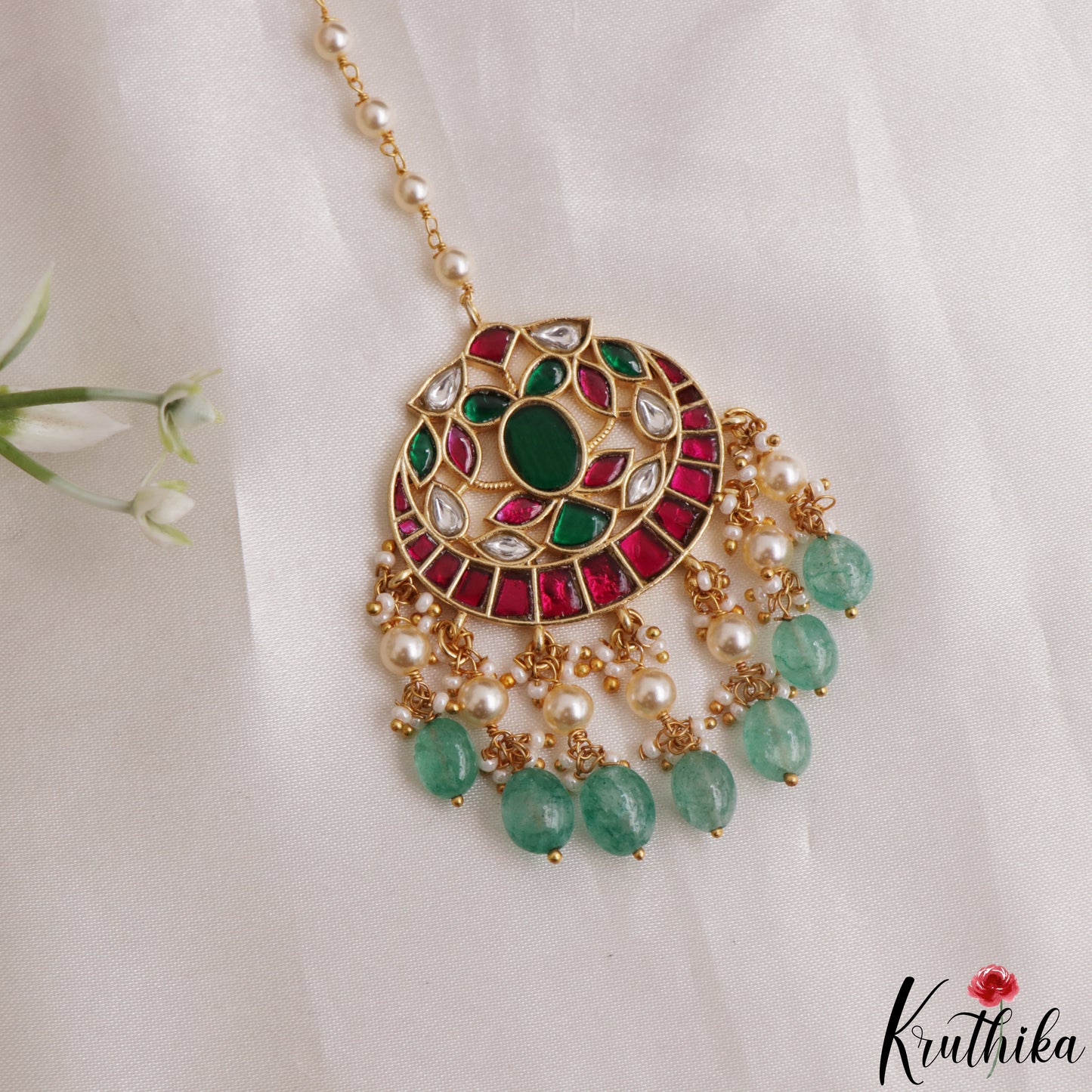 Elegant Teardrop Motifs Maang Tikka With Green Bead Drops MT391 (Available In 2 Colors)