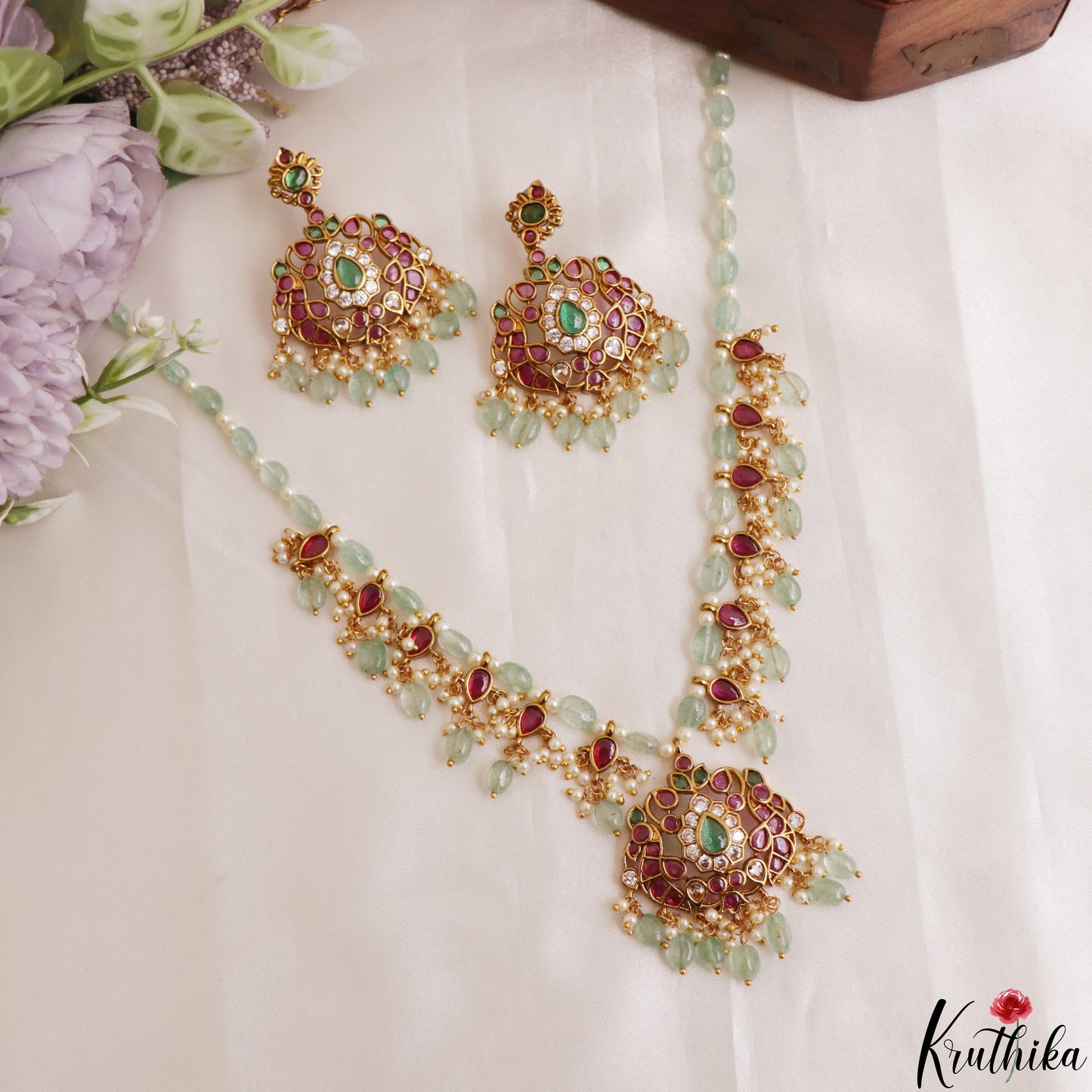 Trendy Peacock Motifs Pearl Bead Kemp Haaram With Green Bead Drops LH2185