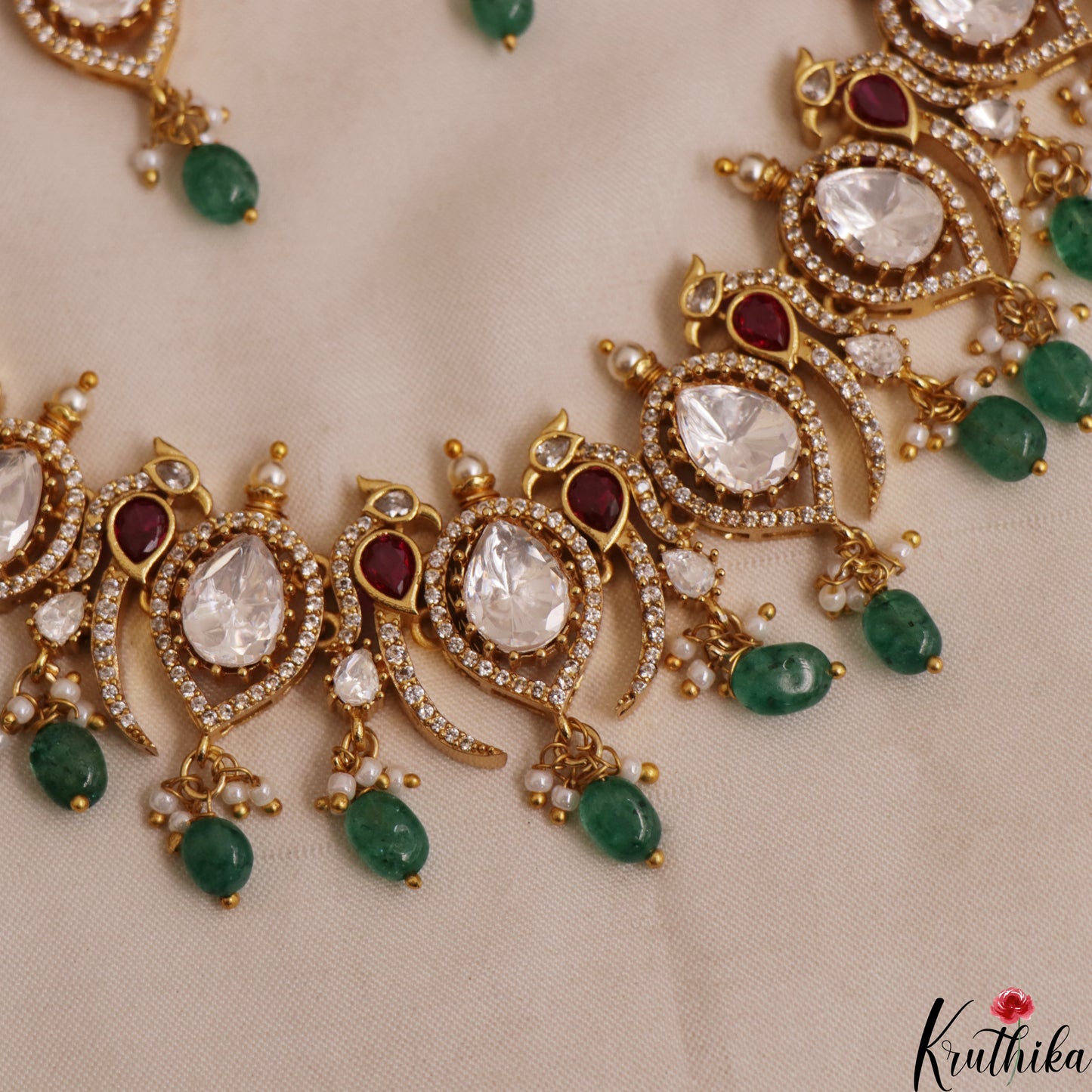 Premium Peacock Motifs Polki Victorian Choker With Green Bead Drops NC3018