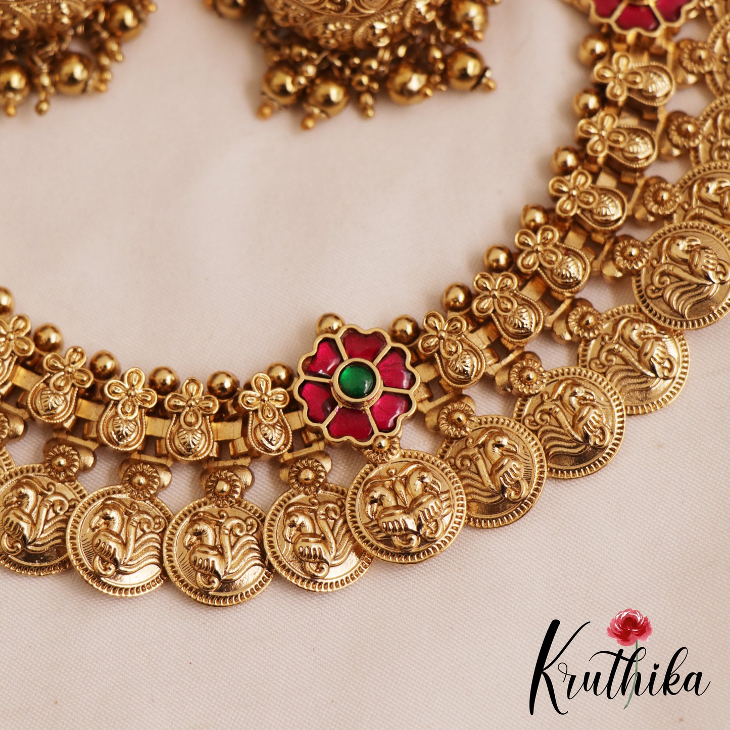 Beautiful Antique Peacock Motifs Kasu Jadau Choker NC2845 (Available In 2 Colors)