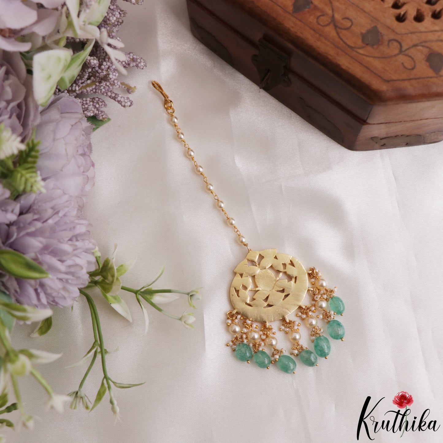 Elegant Teardrop Motifs Maang Tikka With Green Bead Drops MT391 (Available In 2 Colors)