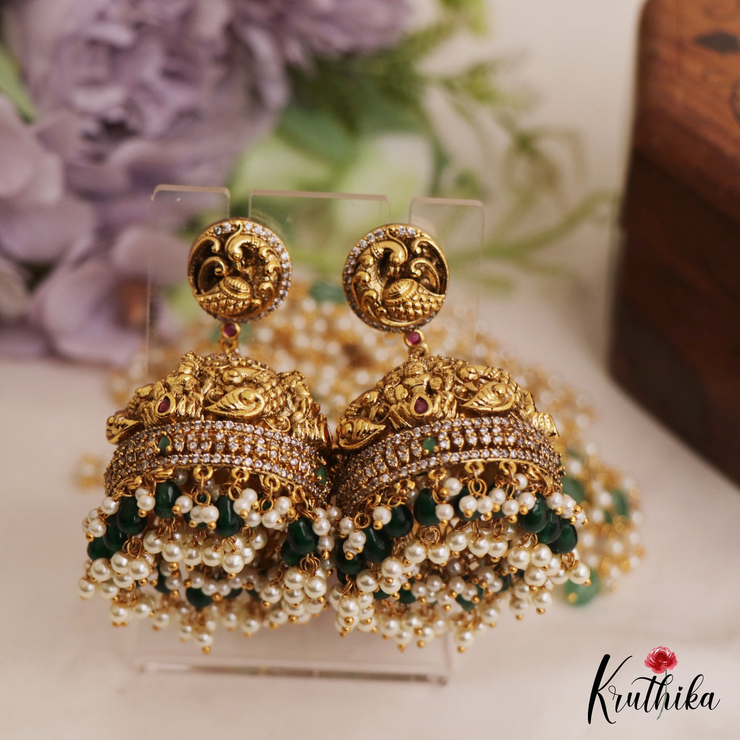 Gorgeous Antique Nagas Lakshmi Peacock Motifs Jhumka With Green Bead Drops E1055