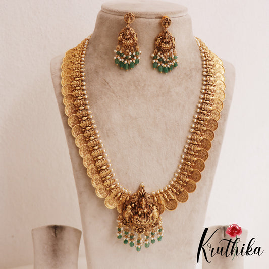 Traditional Antique Nagas Lakshmi Kasu Haaram With Green Bead Drops LH2095