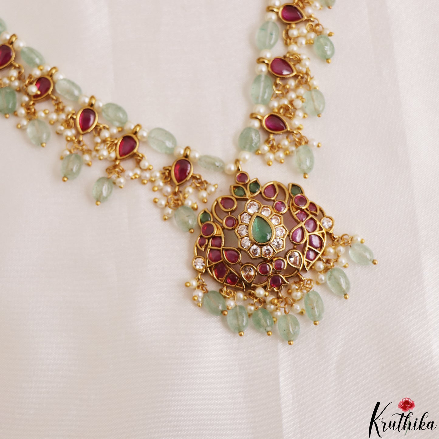 Trendy Peacock Motifs Pearl Bead Kemp Haaram With Green Bead Drops LH2185