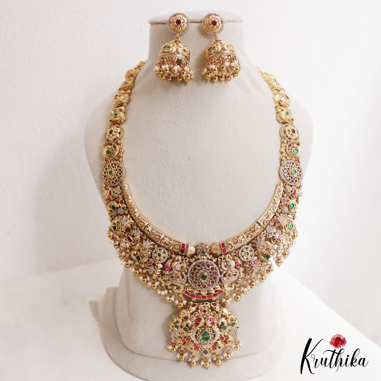 Premium Antique Floral Peacock Motifs Jadau Haaram With Pearl Bead Drops LH2108