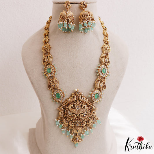 Stunning Antique Nagas Peacock Motifs Temple Haaram With Green Bead Drops LH2177