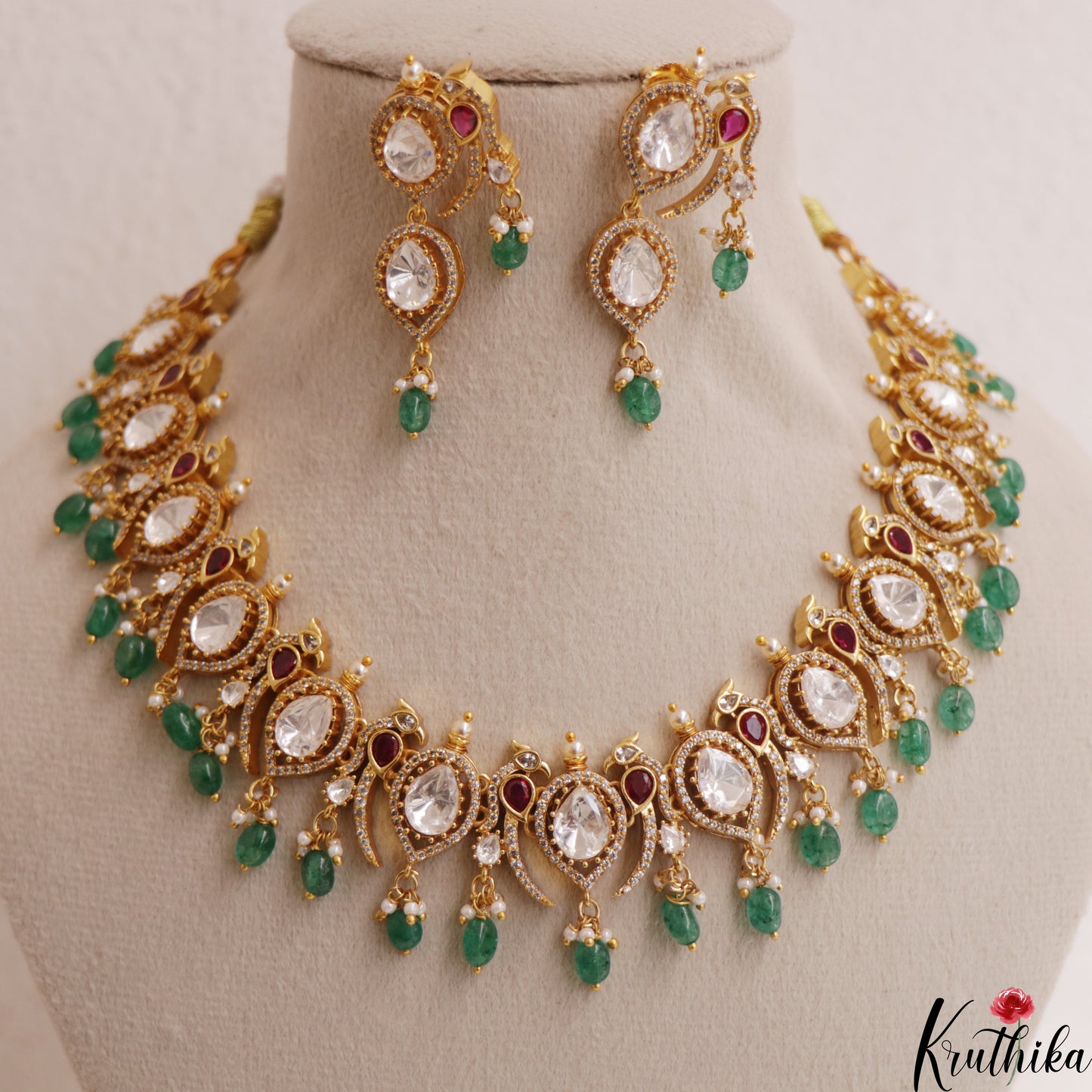 Premium Peacock Motifs Polki Victorian Choker With Green Bead Drops NC3018
