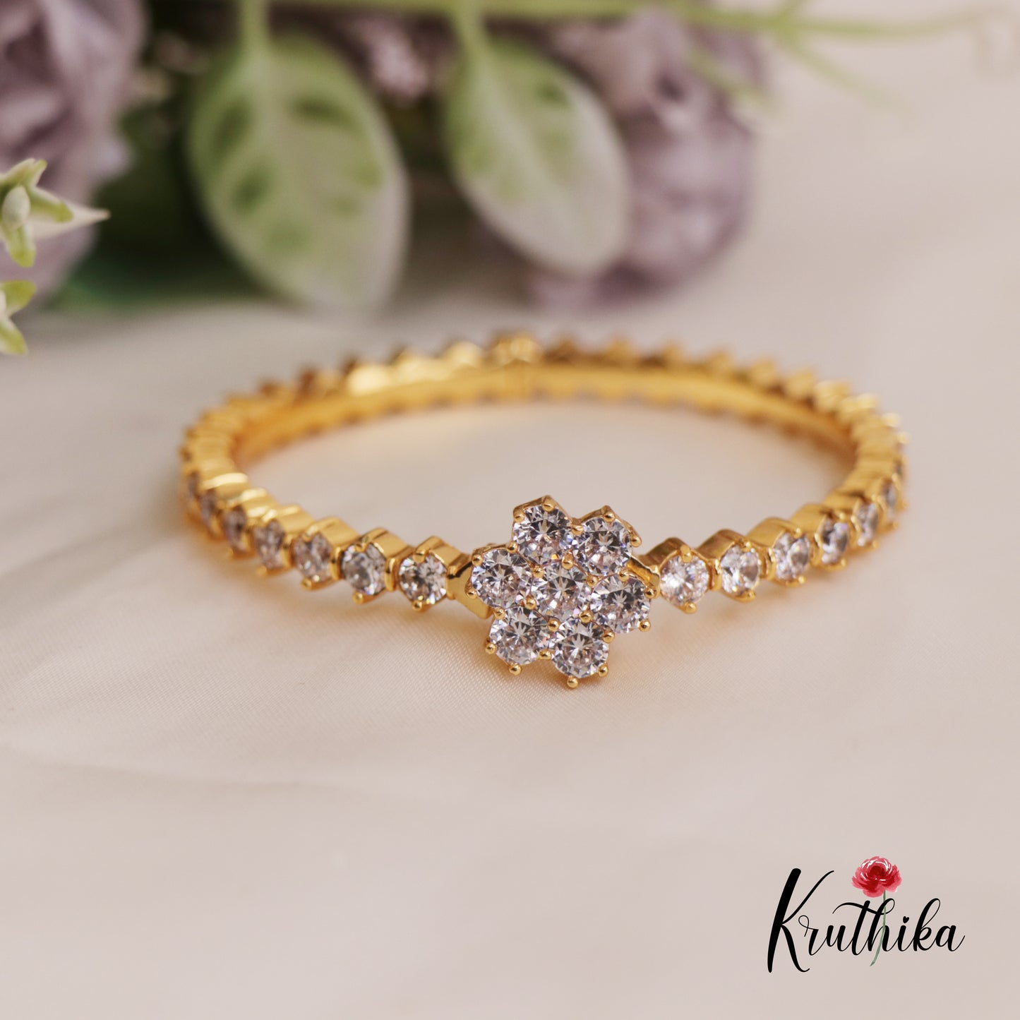 Sparkling AD Floral Single Kada With Interchangeable Floral Studs B420 (4 Studs)