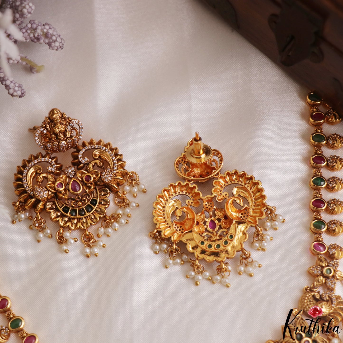 Classic Antique Lakshmi Peacock Motifs Temple Necklace With Pearl Drops NC3108