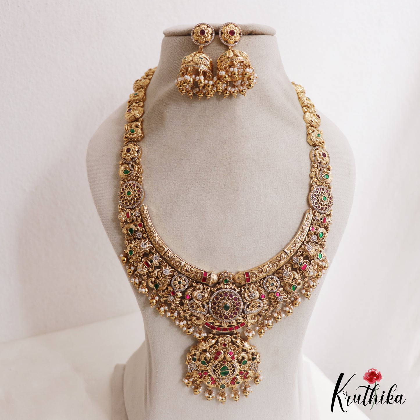 Premium Antique Floral Peacock Motifs Jadau Haaram With Pearl Bead Drops LH2108