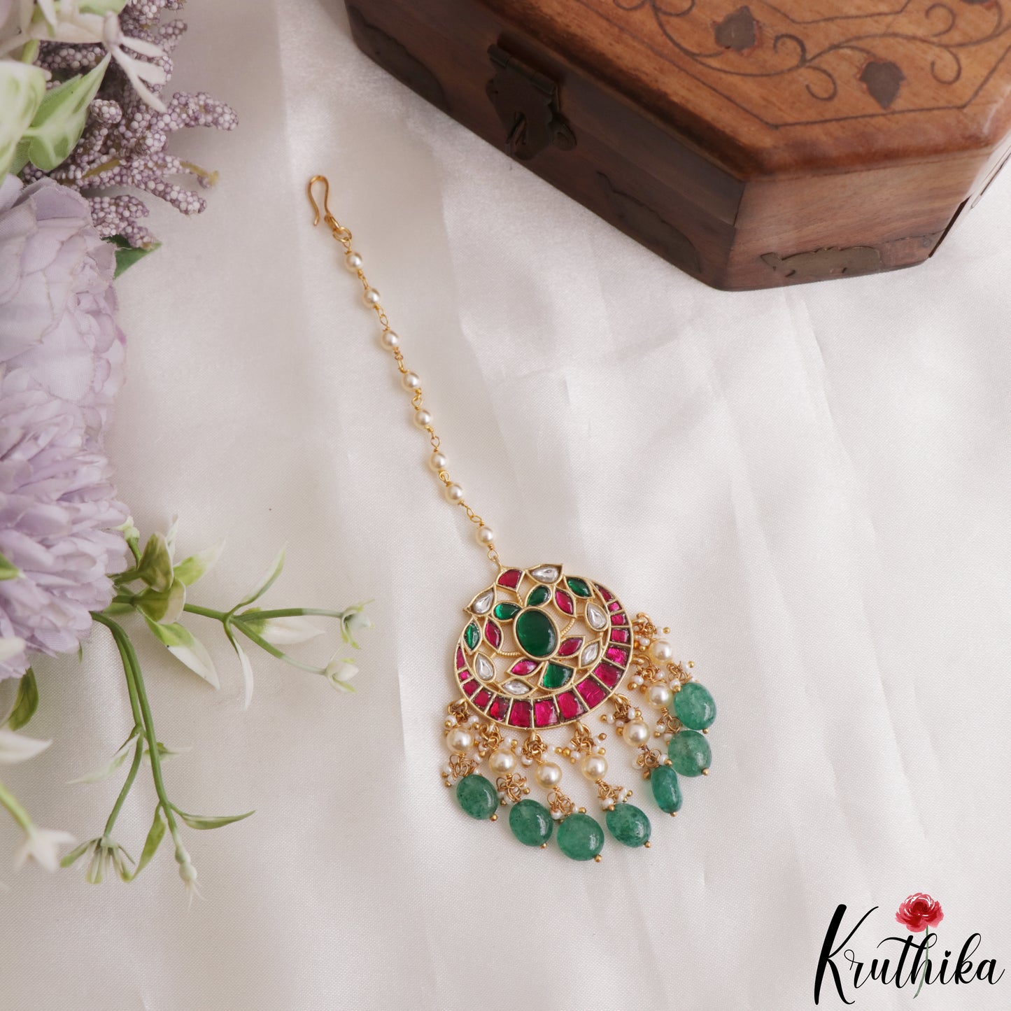 Elegant Teardrop Motifs Maang Tikka With Green Bead Drops MT391 (Available In 2 Colors)