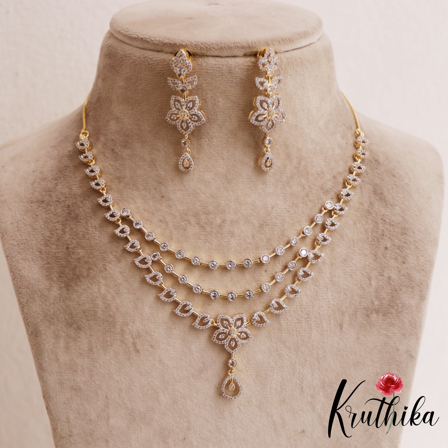 Sparkling Floral Diamond-Finish Gold-Tone Multi Layered AD Necklace NC2896