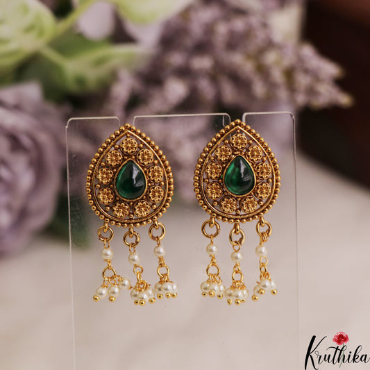 Elegant Antique Floral Teardrop Stud Earrings With Pearl Drops E1071