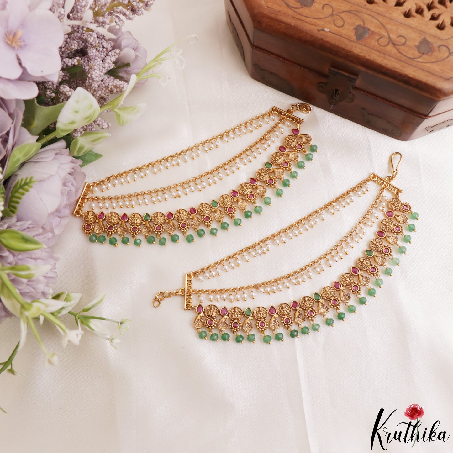 Gorgeous Lakshmi Coin Motifs Multi Strand Earchains With Golden Bead Drops EC231