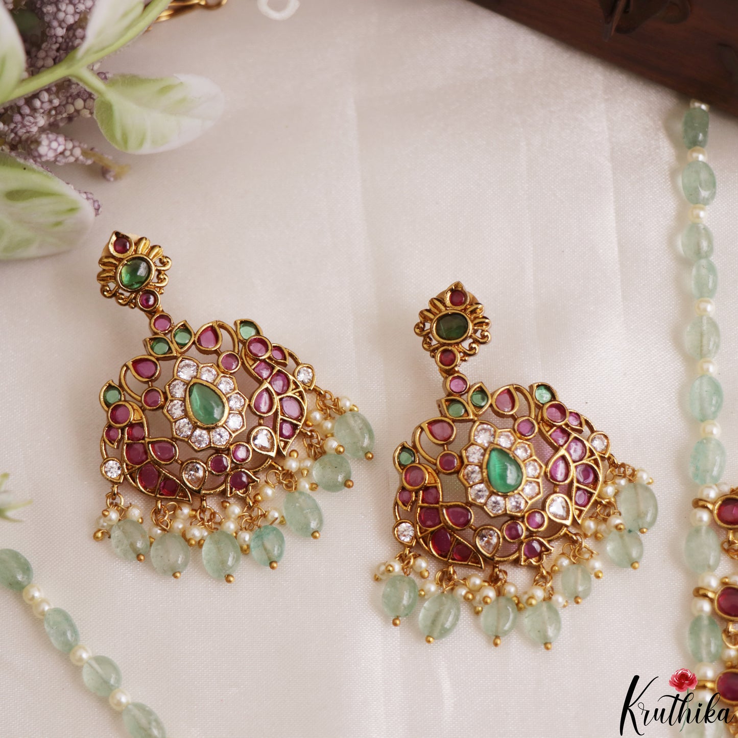 Trendy Peacock Motifs Pearl Bead Kemp Haaram With Green Bead Drops LH2185